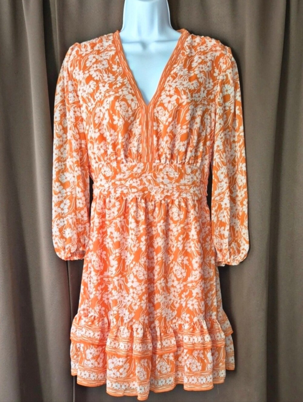 Women's Flowy Mini Dress Floral V-Neck Long Sleeve Spring Cottagecore SMALL